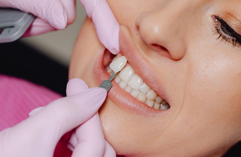 Tooth shade guide held against a smiling patient's teeth to match colour