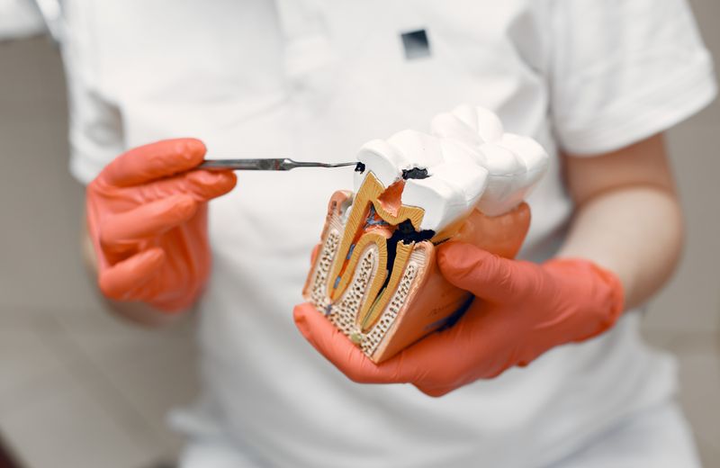Dentist holding a cross-section tooth model showing the root canal